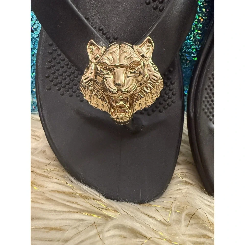 New Okab Black Licorice Gold Lion Head Rubber Flip Flop Thong Sandals Womens M/L